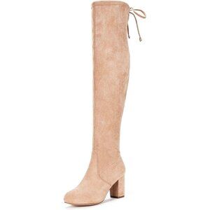 Women's Sand Suede Chunky Heels Zipper Over The Knee High Adjustable Boots